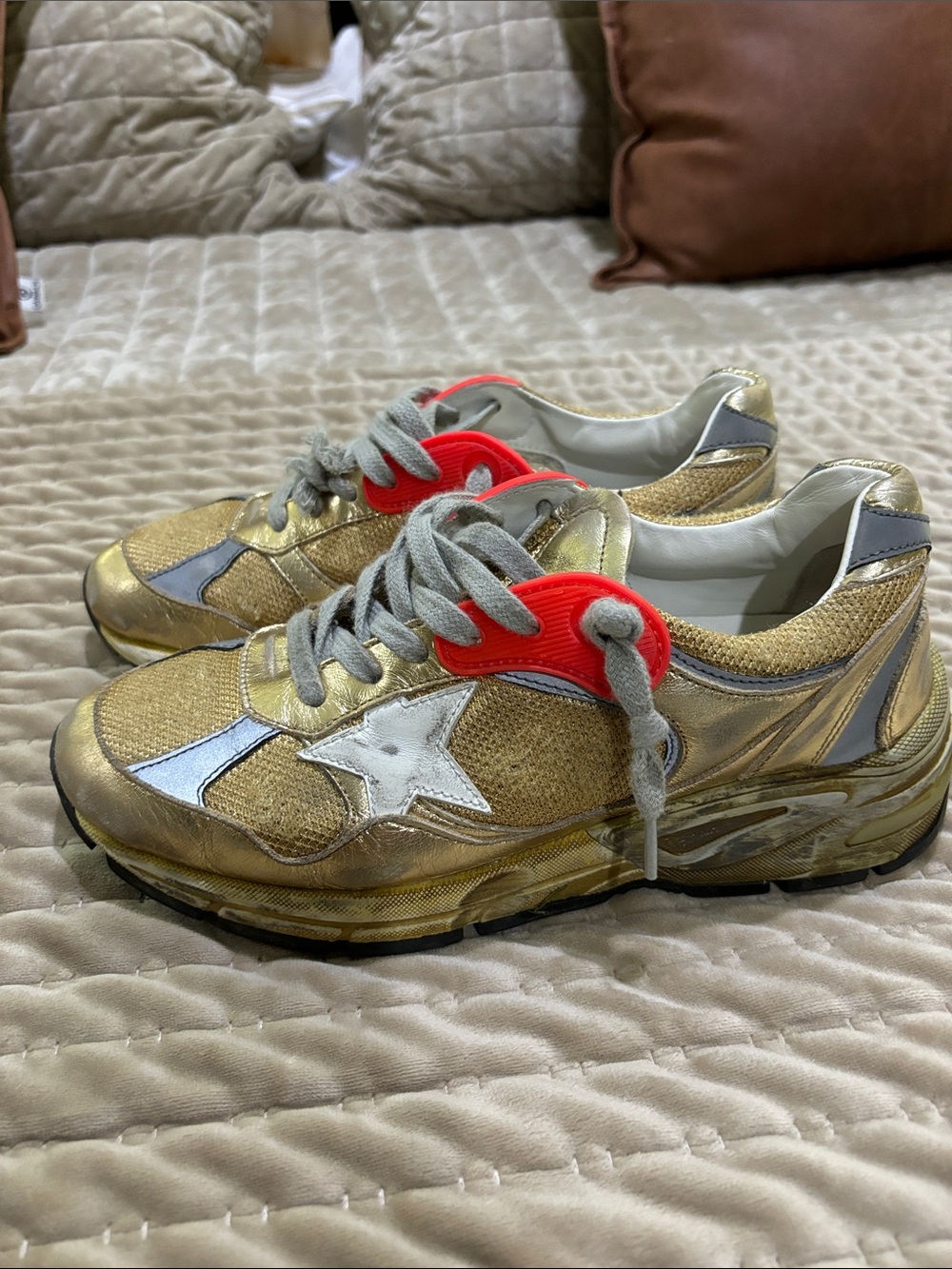 Golden Goose Metallic Gold Star Sneakers with Silver & Neon Red Accents